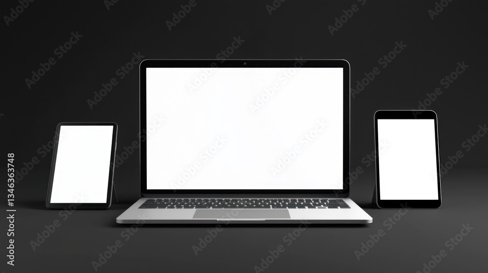 Fototapeta premium Modern Devices Mockup: Laptop, Tablet, and Smartphone on Dark Background