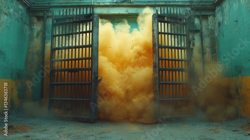 Escape from confinement: A surreal image of  open prison gates and a burst of golden dust.  Symbolising freedom, breaking free, and the unknown.