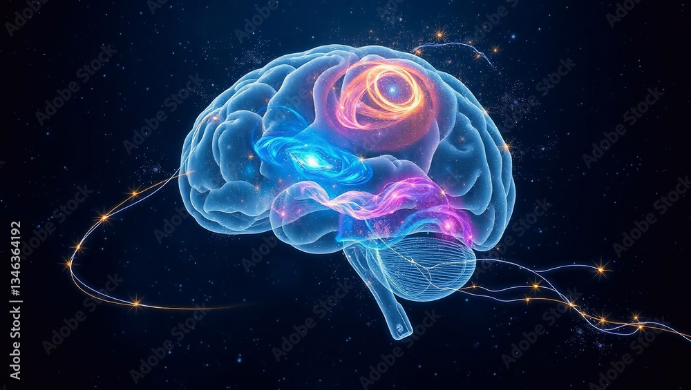 Naklejka premium Human brain with luminous energy streams and swirling galaxy-like light trails