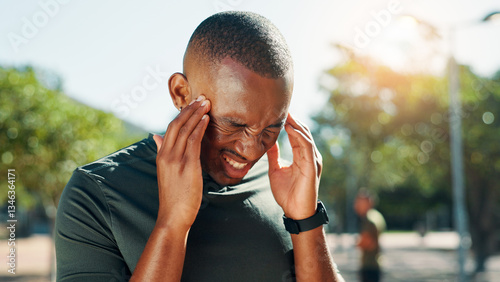 Photos Fitness, headache and man with pain, stress and African person exhausted with intense training outdoor