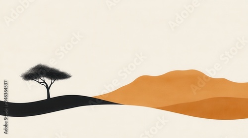 Desert Landscape with Lone Tree, Minimalist Art, and Sand Dunes.