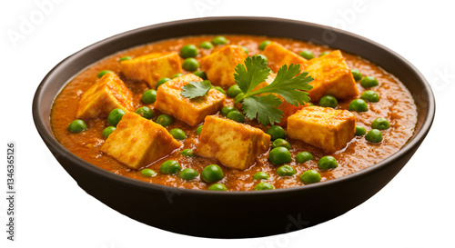 A flavorful bowl of matar paneer featuring golden paneer cubes and tender green peas in a rich, spiced tomato curry, topped with fresh cilantro