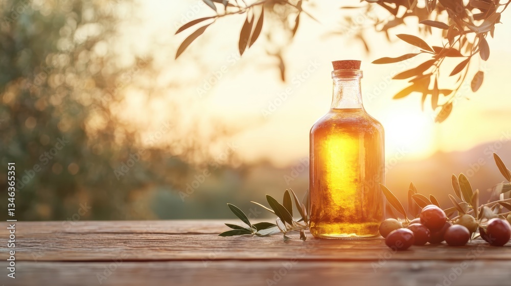 The rustic olive oil bottle, basking in warm sunset light, captures the essence of natural beauty, showcasing olives and leaves that emphasize its organic and healthy qualities. The rustic olive oil bottle, basking in warm sunset light, captures the essence of natural beauty, showcasing olives and leaves that emphasize its organic and healthy qualities.