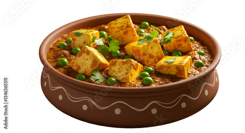 A flavorful bowl of matar paneer featuring golden paneer cubes and tender green peas in a rich, spiced tomato curry, topped with fresh cilantro