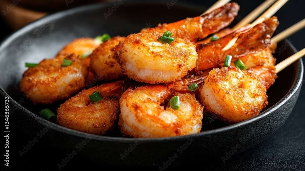 A delicious serving of crispy broiled shrimp skewers, perfectly cooked, and garnished with green onions, creating an enticing display for seafood lovers looking for a treat.