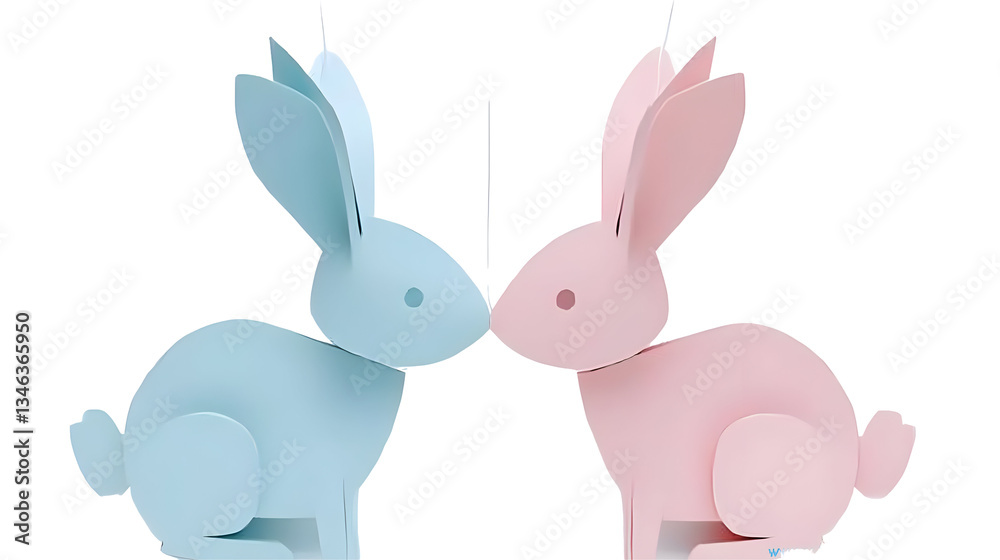 Obraz premium Cute Illustration of Two Cardboard Bunnies Pink and Blue Kissing Sweetly on Transparent Background Representing Easter Decoration Minimalist Pastel Design