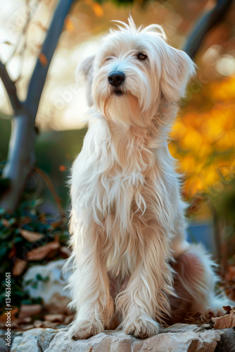 Majestic white dog sits gracefully on rock amidst an autumn backdrop with leaves, gazing into the distance. The dog appears calm and regal, blending beautifully with the natural setting