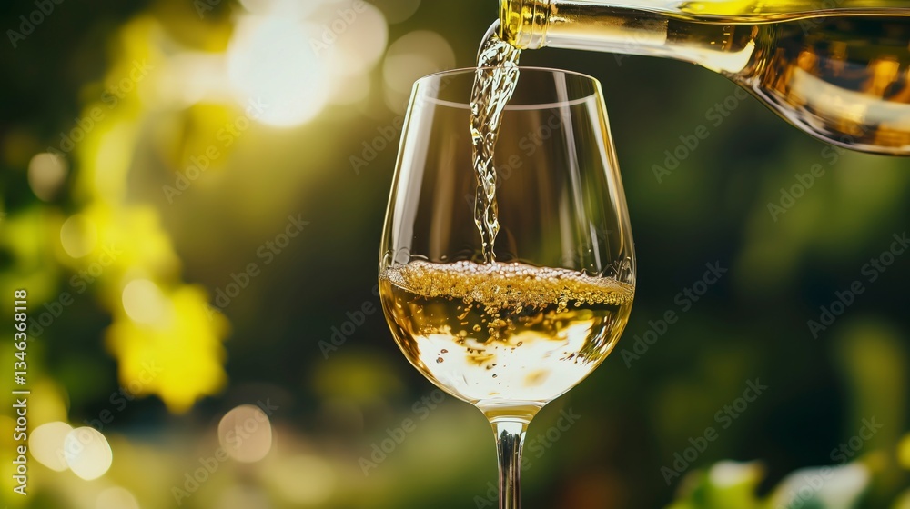 Fototapeta premium White wine pouring from bottle into glass with bubbles, vineyard background