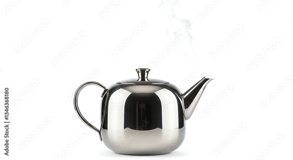Obraz premium Silver steel teapot with steam on minimal white background.