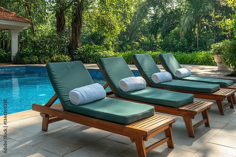 Obraz premium Four wooden sun loungers with green cushions by outdoor pool, neatly arranged towels, and relaxing garden atmosphere, high-quality photo with sharp focus.