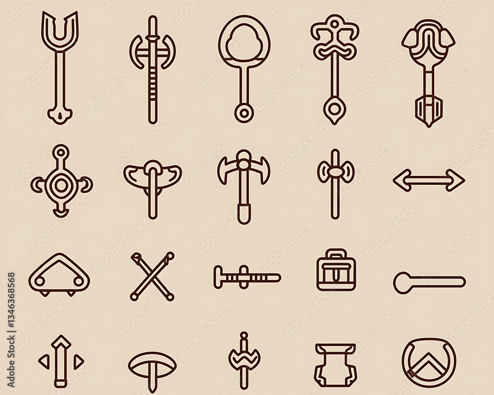 Fototapeta premium Several stylized icons of different weapons and other objects displayed