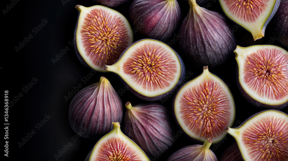 Close-up view of sliced figs, showcasing their deep purple skin and vibrant, seed-studded interiors.