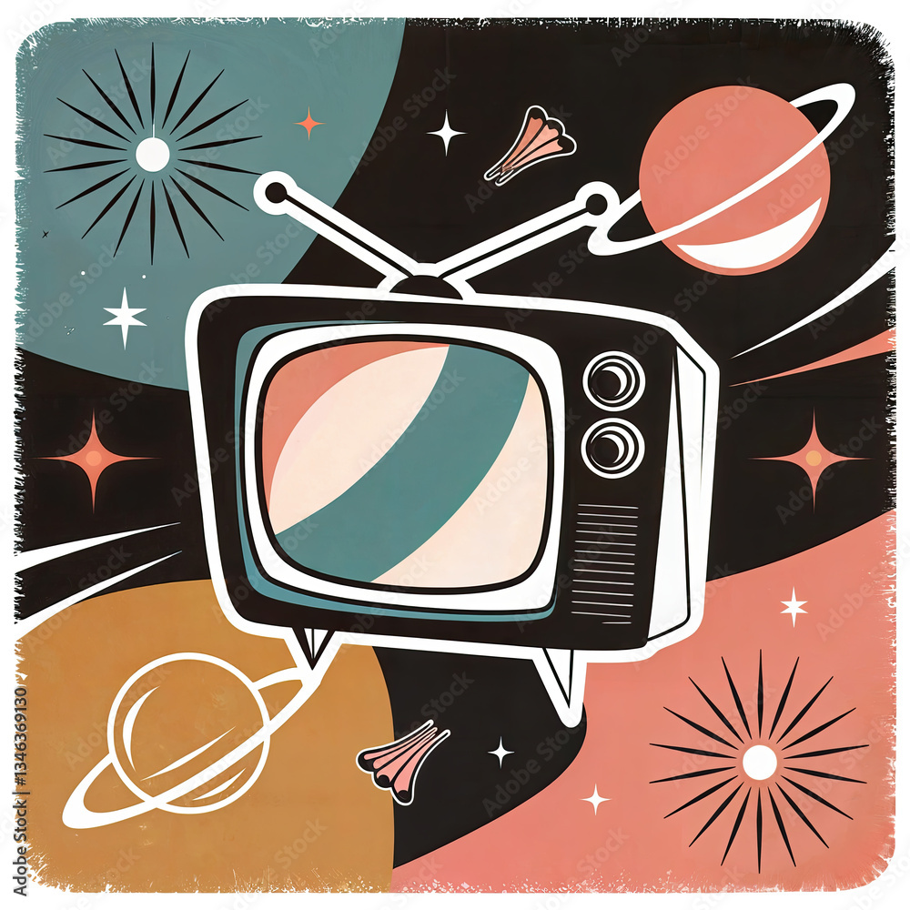 a retro-style illustration featuring a vintage television set in the center, surrounded by various space elements such as planets, stars, and comets. The background is a gradient of dark to light colo