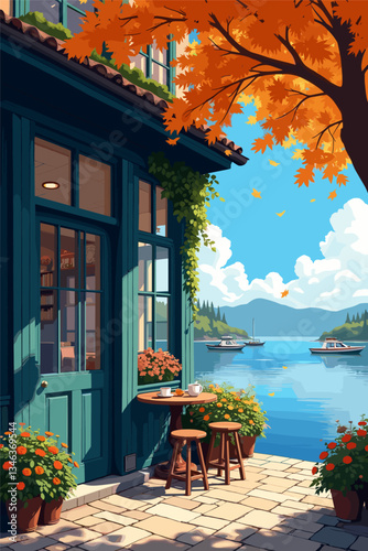 Cozy café terrace with autumn leaves, a table for two, and vibrant flowers, overlooking a peaceful lake. A tranquil spot with stunning views, perfect for relaxing and enjoying the scenery