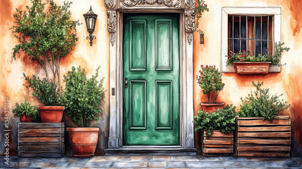 A vibrant green door, framed by a light beige facade, welcomes visitors to a charming Italian-style home.