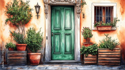 Obraz na płótnie A vibrant green door, framed by a light beige facade, welcomes visitors to a charming Italian-style home. w salonie