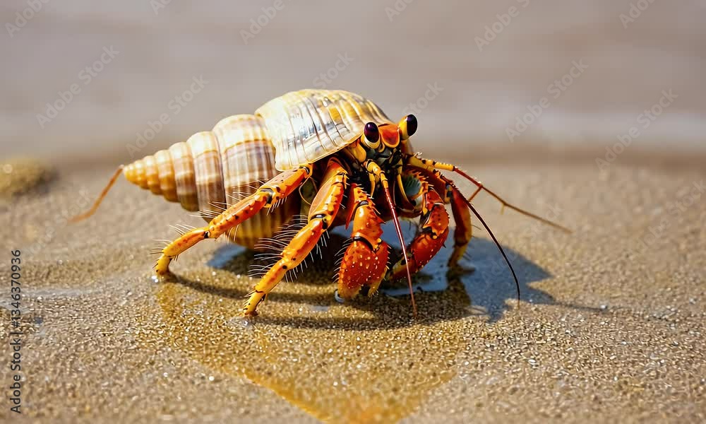 Stunning macro footage capturing a tiny crab walking across damp sand while its delicate textures reflect the golden rays of the sun