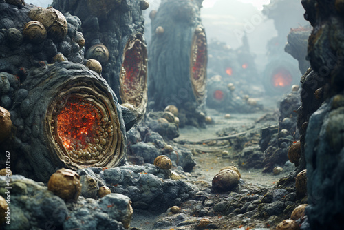 A celestial remnant  impact reshaped lithosphere, defined by ejecta stratification, tectonic fracturing, and spectral degradation