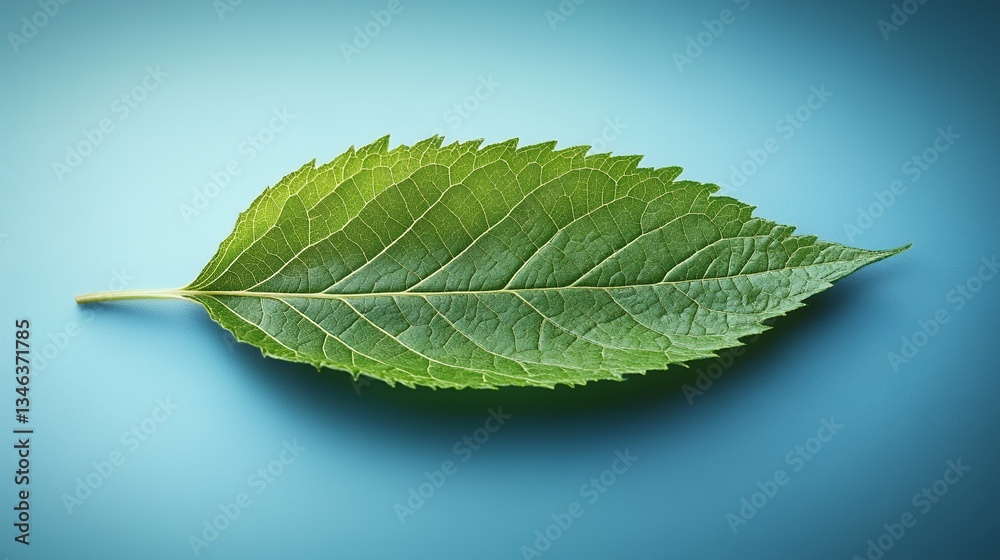 Single Green Leaf on Blue Background Nature Photography eco life plant veins fresh macro Single Green Leaf on Blue Background Nature Photography eco life plant veins fresh macro