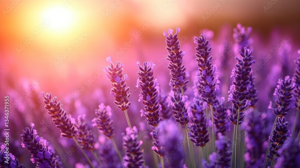 Naklejka premium Beautiful purple lavender field blossoms under warm bright sun light