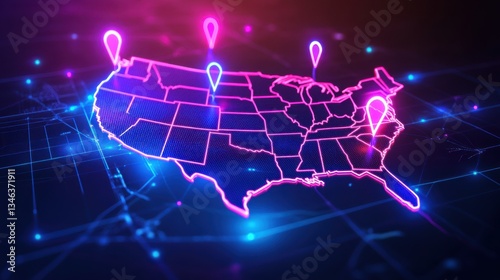Vibrant Digital Map of United States with Neon Location Pins
