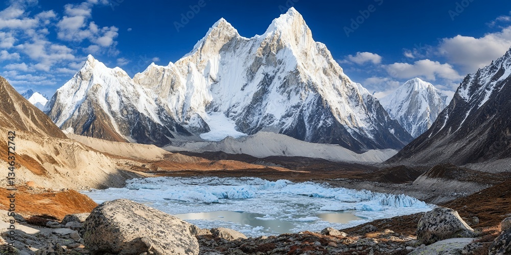 Obraz premium Majestic Himalayan Mountain Peak Winter Landscape Scene Ice Sky Snow View Cold Rock Blue