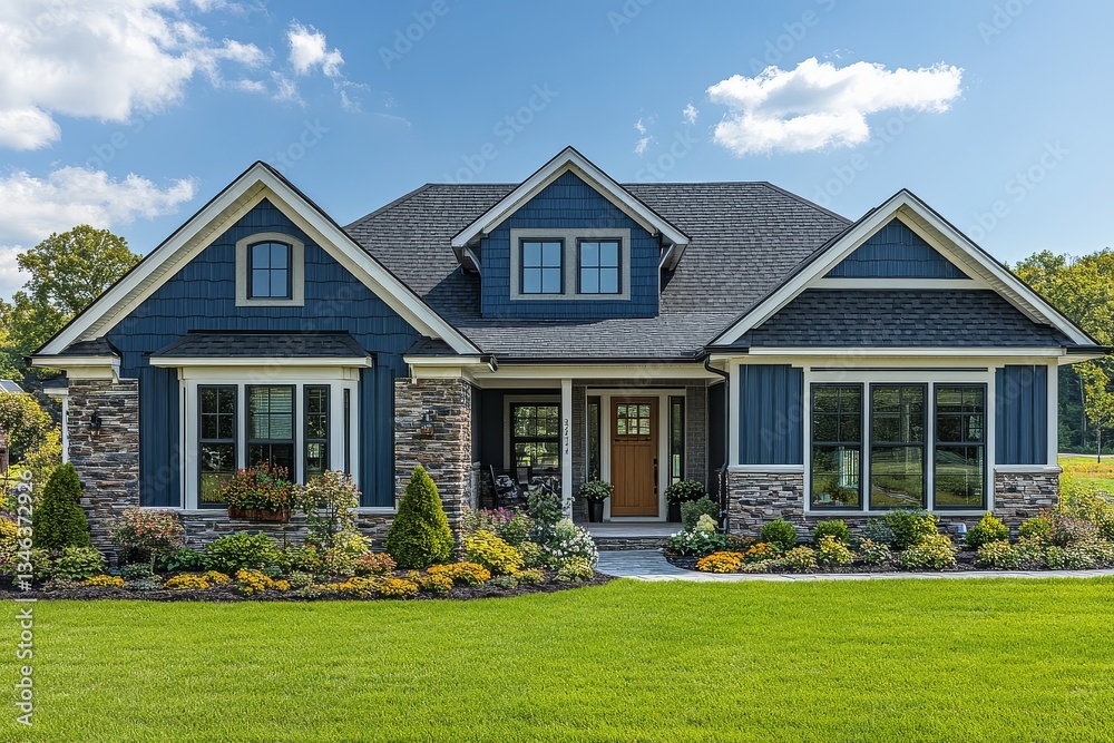 Beautiful home exterior with large front yard and green grass in the United States, wide-angle shot, high-resolution, hyper-realistic details. Beautiful home exterior with large front yard and green grass in the United States, wide-angle shot, high-resolution, hyper-realistic details.