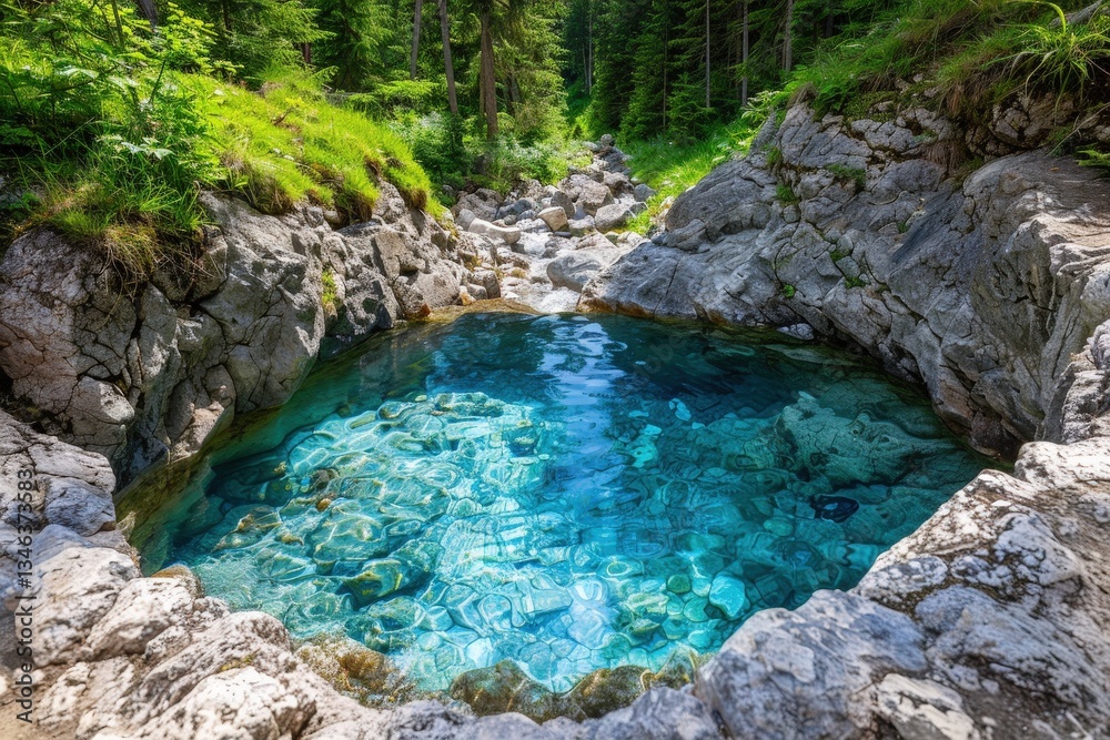 A small pool of water is surrounded by rocks A small pool of water is surrounded by rocks