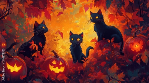 Generic Playful Halloween View Eerie Cats High Resolution