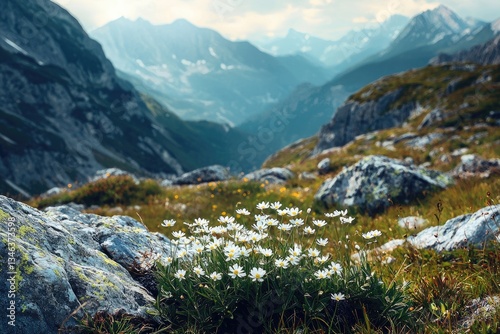 White wildflowers blooming near mountain peaks under sunny skies perfectly