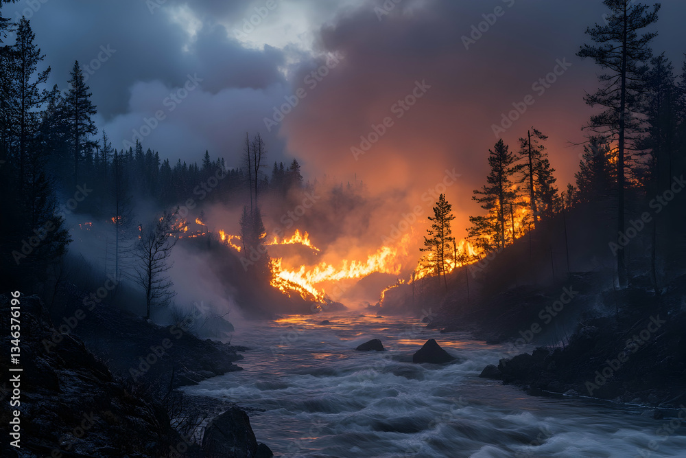 Fototapeta premium Dramatic forest fire landscape with raging flames and smoky skies near a river