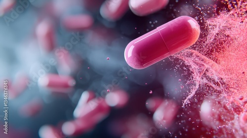 A striking pink capsule appears suspended in a colorful abstract background, symbolizing health, vitality, and the world of pharmaceuticals and medicine.