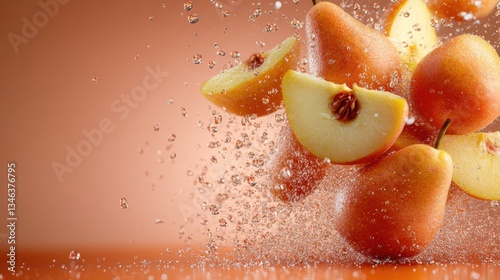 Juicy pears and apples splashing with water droplets create a refreshing visual display, highlighting the freshness and vibrancy of the fruits against a warm backdrop.