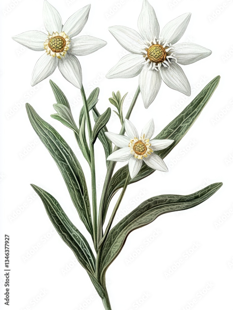 Fototapeta premium A botanical illustration depicting detailed closeups of white flowers