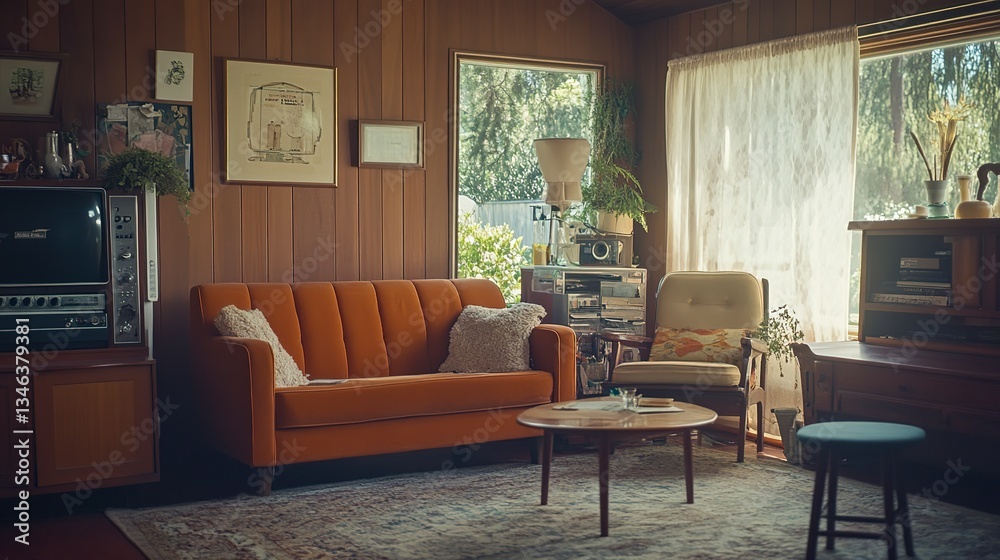 Fototapeta premium A Nostalgic Glimpse Into A Sun-drenched 70s Living Room, Warm Orange Sofa Inviting Quiet Moments, Soft Light Filtering Through Sheer Curtains