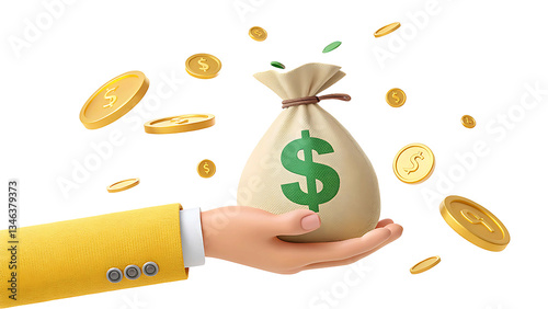 Hand Holding Money Bag with Floating Gold Coins on Transparent Background