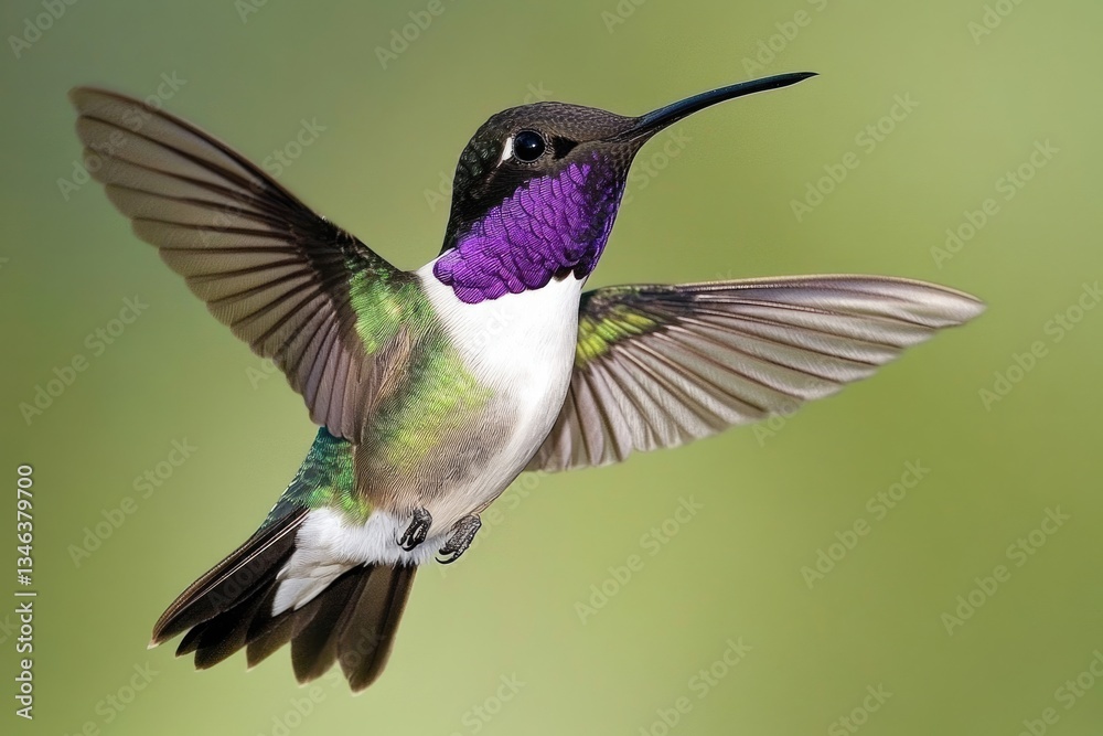 Fototapeta premium Black-Chinned Hummingbird Searching for Nectar Among Blue Flowers. Flying and Hovering Male with Vibrant Violet and Green Throat
