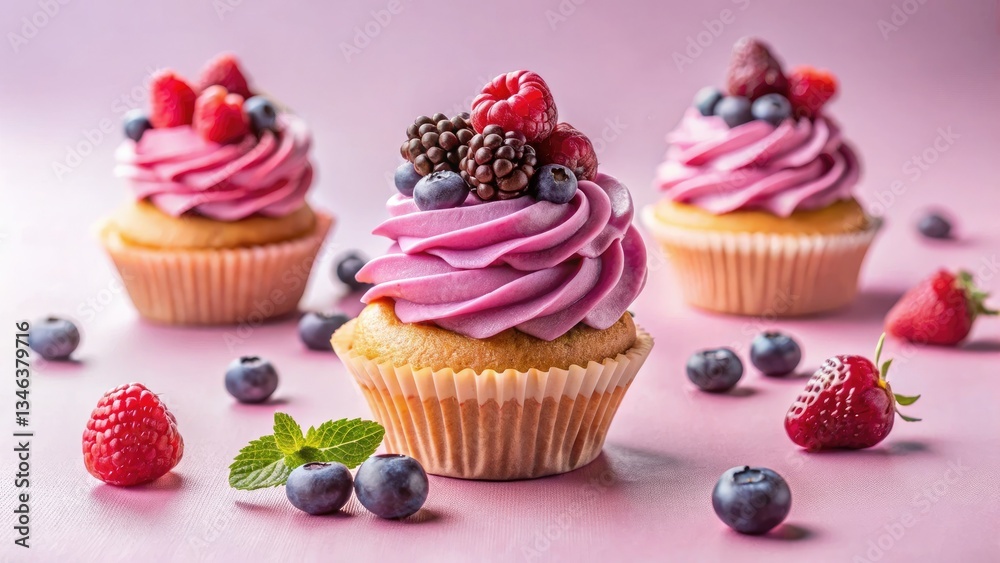 Tilt-Shift Cupcake Photography: Purple Frosting, Berries, Pink Background Tilt-Shift Cupcake Photography: Purple Frosting, Berries, Pink Background