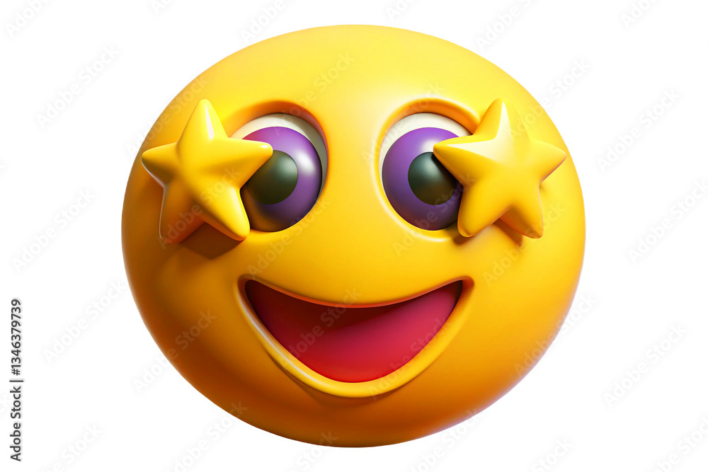 Fototapeta premium A vibrant emoji face with starry eyes and a wide, happy grin, symbolizing excitement, joy, amazement, and admiration, isolated on a white background.