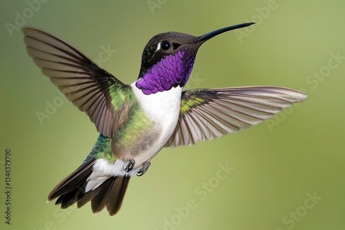 Black-Chinned Hummingbird Searching for Nectar Among Blue Flowers. Flying and Hovering Male with Vibrant Violet and Green Throat photo