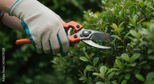 Close-up of person trimming green hedge with pruning shears in garden