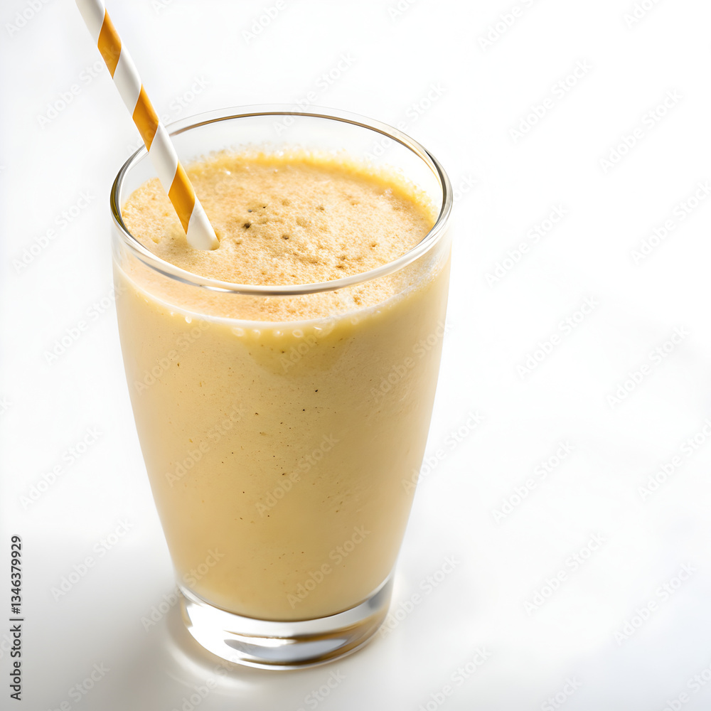 Banana smoothie in glass on white background Banana smoothie in glass on white background