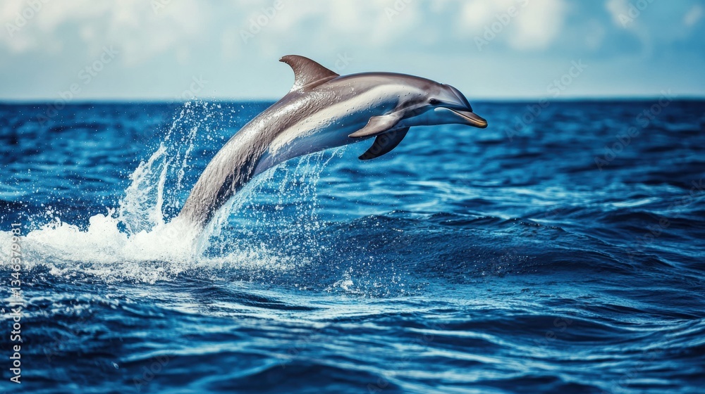 Fototapeta premium Dolphin Leaping Gracefully Above Sparkling Ocean Waves in Daylight