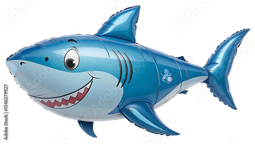 Realistic Blue Inflatable Shark Balloon with Cartoon Face on Transparent Background