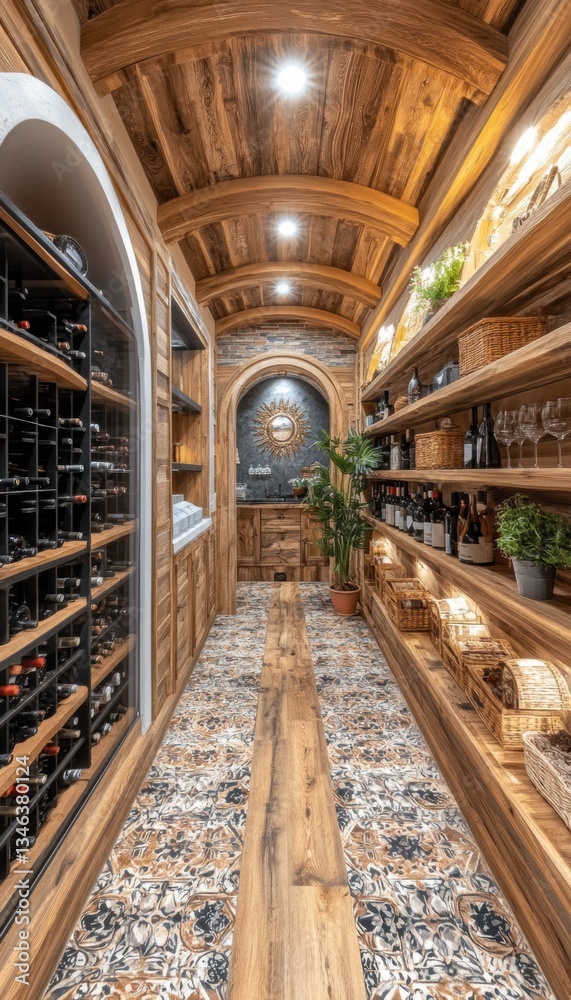 A rustic wine cellar with arched ceilings, wooden shelving, and a tiled floor. Bottles of wine line the shelves, creating a cozy and elegant atmosphere. A rustic wine cellar with arched ceilings, wooden shelving, and a tiled floor. Bottles of wine line the shelves, creating a cozy and elegant atmosphere.