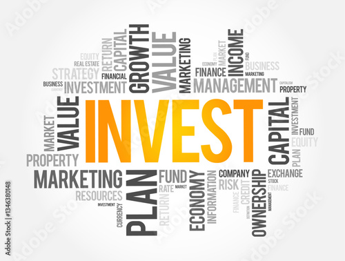 Invest word cloud collage, business concept background