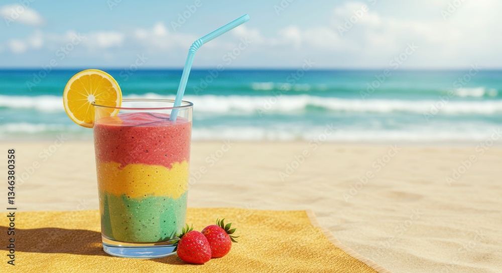 Obraz premium Colorful layered smoothie on beachfront with straw and orange slice