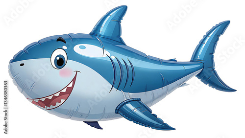 Realistic Blue Inflatable Shark Balloon with Cartoon Face on Transparent Background