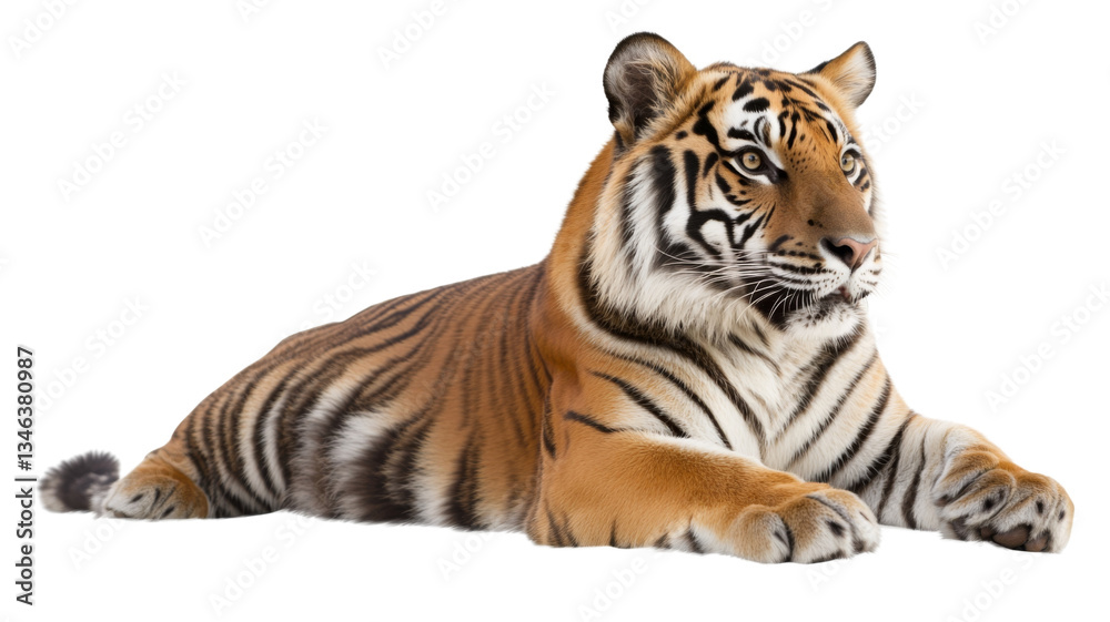 Fototapeta premium Majestic tiger lying down, isolated on transparent background