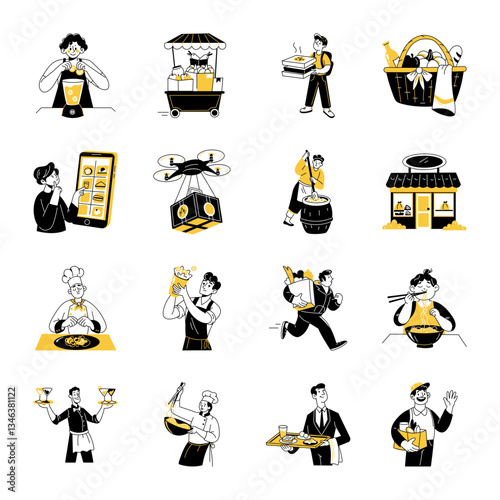 Set of Restaurant Delivery Hand Drawn Illustrations


